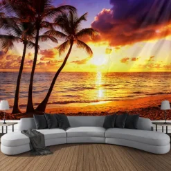 Landscape Sunset Beach Hanging Tapestry Wall Art Large Tapestry Mural Decor Photograph Backdrop Blanket Curtain Home Bedroom Living Room Decoration Palm Tree