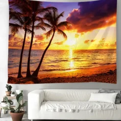 Landscape Sunset Beach Hanging Tapestry Wall Art Large Tapestry Mural Decor Photograph Backdrop Blanket Curtain Home Bedroom Living Room Decoration Palm Tree