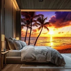 Landscape Sunset Beach Hanging Tapestry Wall Art Large Tapestry Mural Decor Photograph Backdrop Blanket Curtain Home Bedroom Living Room Decoration Palm Tree