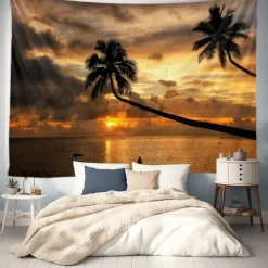 Landscape Sunset Beach Hanging Tapestry Wall Art Large Tapestry Mural Decor Photograph Backdrop Blanket Curtain Home Bedroom Living Room Decoration Palm Tree