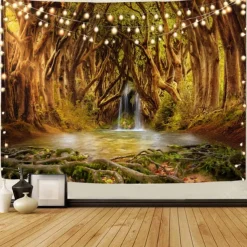 Landscape Tree Wall Tapestry Art Decor Blanket Curtain Picnic Tablecloth Hanging Home Bedroom Living Room Dorm Decoration Misty Forest Nature Sunshine Through Tree