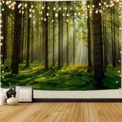 Landscape Tree Wall Tapestry Art Decor Blanket Curtain Picnic Tablecloth Hanging Home Bedroom Living Room Dorm Decoration Misty Forest Nature Sunshine Through Tree
