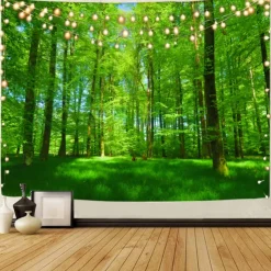 Landscape Tree Wall Tapestry Art Decor Blanket Curtain Picnic Tablecloth Hanging Home Bedroom Living Room Dorm Decoration Misty Forest Nature Sunshine Through Tree