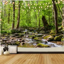 Landscape Tree Wall Tapestry Art Decor Blanket Curtain Picnic Tablecloth Hanging Home Bedroom Living Room Dorm Decoration Misty Forest Nature Sunshine Through Tree