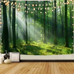 Landscape Tree Wall Tapestry Art Decor Blanket Curtain Picnic Tablecloth Hanging Home Bedroom Living Room Dorm Decoration Misty Forest Nature Sunshine Through Tree