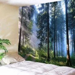 Landscape Tree Wall Tapestry Art Decor Blanket Curtain Picnic Tablecloth Hanging Home Bedroom Living Room Dorm Decoration Misty Forest Nature Sunshine Through Tree