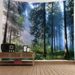 Landscape Tree Wall Tapestry Art Decor Blanket Curtain Picnic Tablecloth Hanging Home Bedroom Living Room Dorm Decoration Misty Forest Nature Sunshine Through Tree