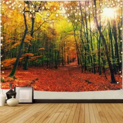 Landscape Tree Wall Tapestry Art Decor Blanket Curtain Picnic Tablecloth Hanging Home Bedroom Living Room Dorm Decoration Misty Forest Nature Sunshine Through Tree