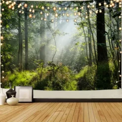 Landscape Tree Wall Tapestry Art Decor Blanket Curtain Picnic Tablecloth Hanging Home Bedroom Living Room Dorm Decoration Misty Forest Nature Sunshine Through Tree