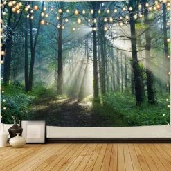 Landscape Tree Wall Tapestry Art Decor Blanket Curtain Picnic Tablecloth Hanging Home Bedroom Living Room Dorm Decoration Misty Forest Nature Sunshine Through Tree