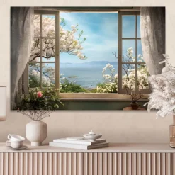Landscape Wall Art Canvas False Window Spring Cherry Blossoms Prints and Posters Pictures Decorative Fabric Painting For Living Room Pictures No Frame