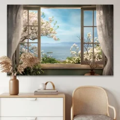Landscape Wall Art Canvas False Window Spring Cherry Blossoms Prints and Posters Pictures Decorative Fabric Painting For Living Room Pictures No Frame
