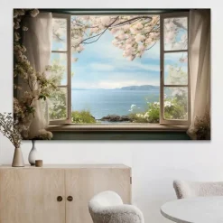 Landscape Wall Art Canvas False Window Spring Cherry Blossoms Prints and Posters Pictures Decorative Fabric Painting For Living Room Pictures No Frame