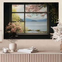 Landscape Wall Art Canvas False Window Spring Cherry Blossoms Prints and Posters Pictures Decorative Fabric Painting For Living Room Pictures No Frame