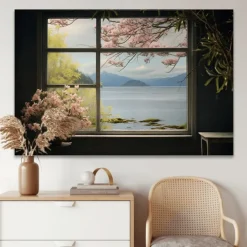 Landscape Wall Art Canvas False Window Spring Cherry Blossoms Prints and Posters Pictures Decorative Fabric Painting For Living Room Pictures No Frame