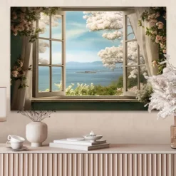 Landscape Wall Art Canvas False Window Spring Cherry Blossoms Prints and Posters Pictures Decorative Fabric Painting For Living Room Pictures No Frame