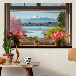 Landscape Wall Art Canvas False Window Spring Scenery Prints and Posters Pictures Decorative Fabric Painting For Living Room Pictures No Frame