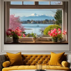 Landscape Wall Art Canvas False Window Spring Scenery Prints and Posters Pictures Decorative Fabric Painting For Living Room Pictures No Frame