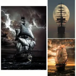 Landscape Wall Art Canvas Black Sailboat Waves Prints and Posters Pictures Decorative Fabric Painting For Living Room Pictures No Frame