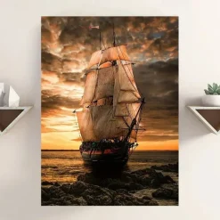 Landscape Wall Art Canvas Black Sailboat Waves Prints and Posters Pictures Decorative Fabric Painting For Living Room Pictures No Frame