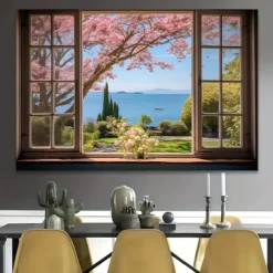 Landscape Wall Art Canvas False Window Spring Cherry Blossoms Prints and Posters Pictures Decorative Fabric Painting For Living Room Pictures No Frame