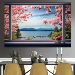 Landscape Wall Art Canvas False Window Spring Cherry Blossoms Prints and Posters Pictures Decorative Fabric Painting For Living Room Pictures No Frame