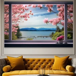 Landscape Wall Art Canvas False Window Spring Cherry Blossoms Prints and Posters Pictures Decorative Fabric Painting For Living Room Pictures No Frame