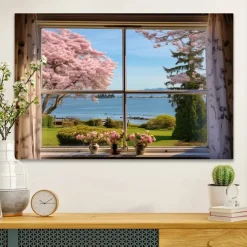 Landscape Wall Art Canvas False Window Spring Cherry Blossoms Prints and Posters Pictures Decorative Fabric Painting For Living Room Pictures No Frame