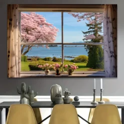 Landscape Wall Art Canvas False Window Spring Cherry Blossoms Prints and Posters Pictures Decorative Fabric Painting For Living Room Pictures No Frame