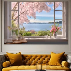 Landscape Wall Art Canvas False Window Spring Cherry Blossoms Prints and Posters Pictures Decorative Fabric Painting For Living Room Pictures No Frame