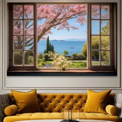 Landscape Wall Art Canvas False Window Spring Cherry Blossoms Prints and Posters Pictures Decorative Fabric Painting For Living Room Pictures No Frame