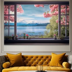 Landscape Wall Art Canvas False Window Spring Cherry Blossoms Prints and Posters Pictures Decorative Fabric Painting For Living Room Pictures No Frame