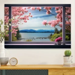 Landscape Wall Art Canvas False Window Spring Cherry Blossoms Prints and Posters Pictures Decorative Fabric Painting For Living Room Pictures No Frame