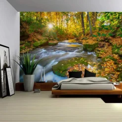 Landscape Waterfall Forest Hanging Tapestry Wall Art Large Tapestry Mural Decor Photograph Backdrop Blanket Curtain Home Bedroom Living Room Decoration