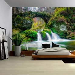 Landscape Waterfall Forest Hanging Tapestry Wall Art Large Tapestry Mural Decor Photograph Backdrop Blanket Curtain Home Bedroom Living Room Decoration