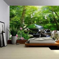Landscape Waterfall Forest Hanging Tapestry Wall Art Large Tapestry Mural Decor Photograph Backdrop Blanket Curtain Home Bedroom Living Room Decoration