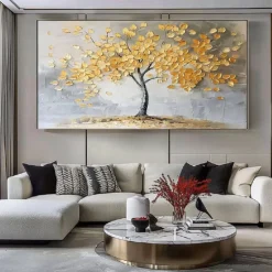 Large 100% hand painted Golden Tree Oil Painting on Canvas gold Flower Tree Oil Painting Large Abstract Textured Gold Yellow Life Tree Wall Art Custom Modern Trendy Living Room Decor