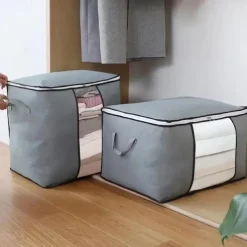 Large Capacity Clothes Storage Bag Organizer With Reinforced Handle Thick Fabric For Comforters, Blankets, Bedding, Foldable With Sturdy Zipper, Clear Window