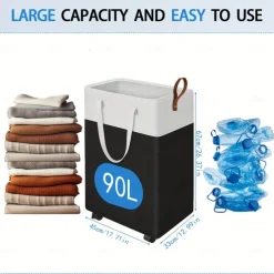 Large Capacity Laundry Basket, 75L/90L, Stylish Black, Features 2 Long Handles and 1 Side Carry Handle, Foldable Storage Bin, Waterproof Dirty Clothes Basket, Ideal for Bathrooms, Bedrooms, Dorms, and RVs