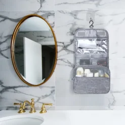 Large Capacity Waterproof Toiletry Bag with Hooks - Unisex Travel Bag for Full-Size Shampoo, Makeup, and Bathroom Accessories - Travel Makeup Brush Set Included