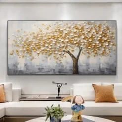 Large 3D Golden Tree Canvas Oil Painting handmade Autumn Nature Landscape painting handmade Wall Art Botanical Knife Painting Light Luxury for Living Room Decor