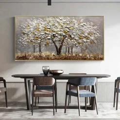 Large Gold Tree Landscape Oil Painting On Canvas Original 3D Textured Nature Forest Wall Art Living Room Wall Art Decor Gray Art Unframed