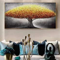 Large Gold Tree Landscape Oil Painting On Canvas Original 3D Textured Nature Forest Wall Art Living Room Wall Art Decor Gray Art Unframed