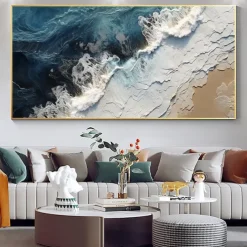 Large hand painted Sea Canvas Oil Painting Handmade Blue Sea Landscape Abstract painting hand painted White Wave Painting Textured Sea Painting Mother Gift for Living Room Decor