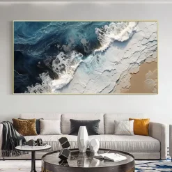 Large hand painted Sea Canvas Oil Painting Handmade Blue Sea Landscape Abstract painting hand painted White Wave Painting Textured Sea Painting Mother Gift for Living Room Decor