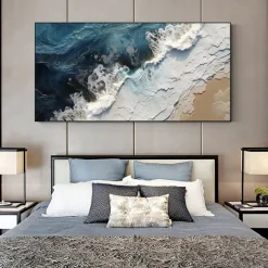 Large hand painted Sea Canvas Oil Painting Handmade Blue Sea Landscape Abstract painting hand painted White Wave Painting Textured Sea Painting Mother Gift for Living Room Decor
