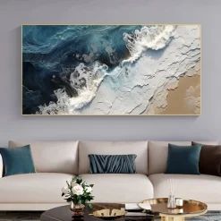Large hand painted Sea Canvas Oil Painting Handmade Blue Sea Landscape Abstract painting hand painted White Wave Painting Textured Sea Painting Mother Gift for Living Room Decor