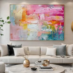 Large handmade textured pink abstract oil painting colorful oil painting handmade textured painting modern office artwoek for living room wall decoration