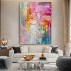 Large handmade textured pink abstract oil painting colorful oil painting handmade textured painting modern office artwoek for living room wall decoration