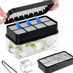 Large Ice Cube Tray with Lid and Bin Ice Trays for Freezer 2 INCH Whiskey Ice Cubes Mold 1*8 pcs Square Ice Cube Mold with Tong Easy to Release Large Ice Tray for Whiskey Cocktail Bourbon